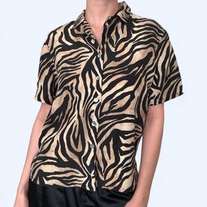 Studio 3000 Zebra Print Women's Silk Button Up Shirt - Black and Tan